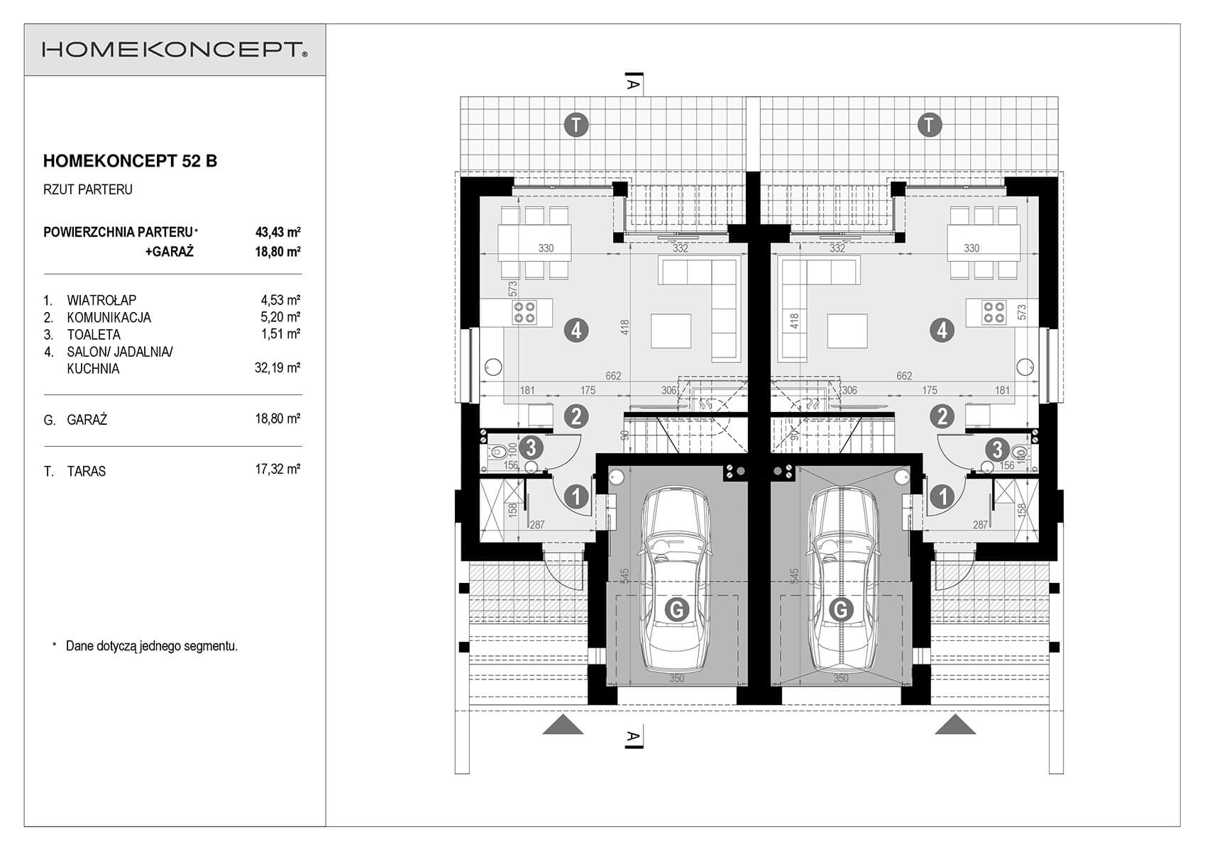 Rzut parteru w projekcie domu w zabudowie bliźniaczej Home Koncept 52B