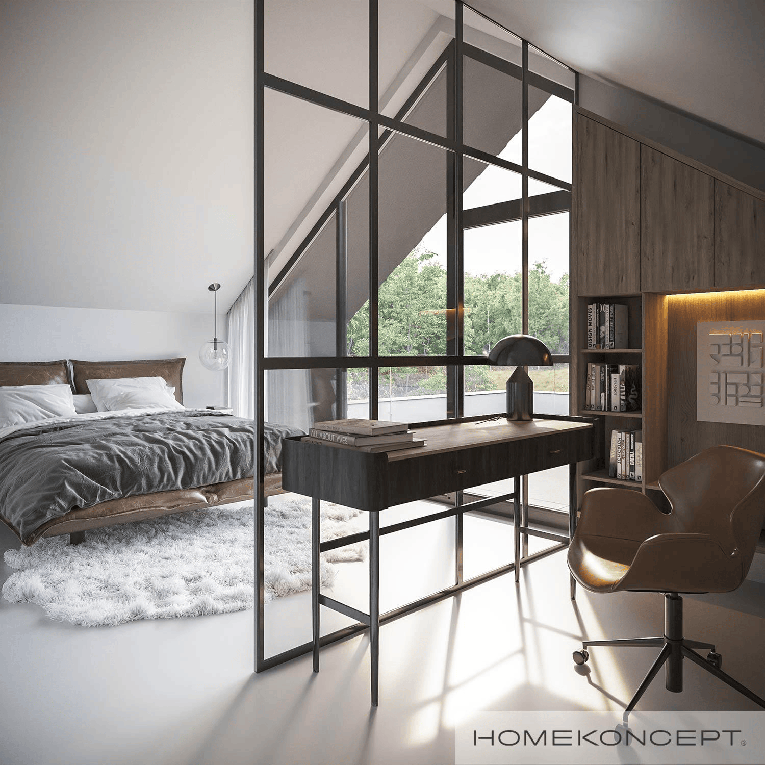 Projekt pięknej przeszklonej sypialni w projekcie domu HK91