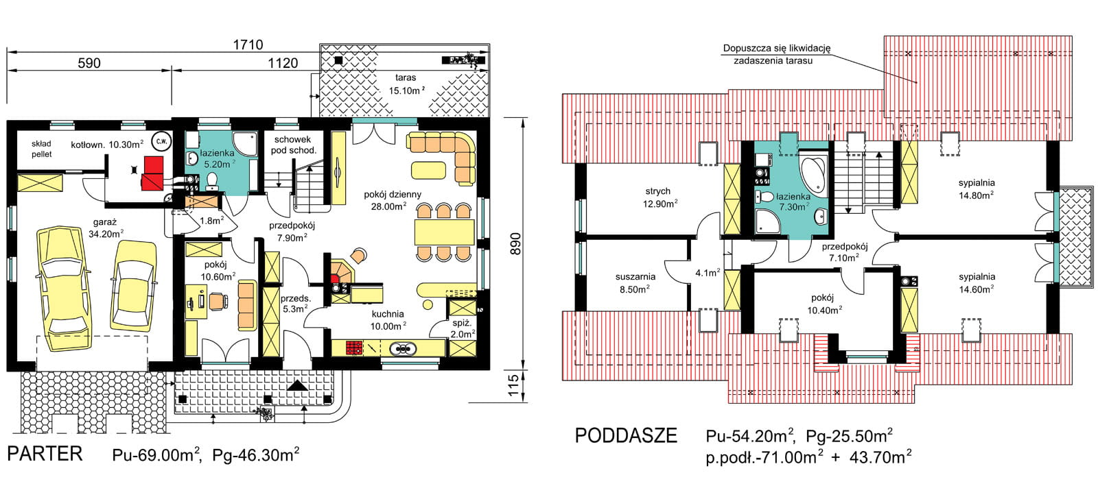 rzuty parteru oraz poddasza domu jednorodzinnego  BW-17 wariant 3