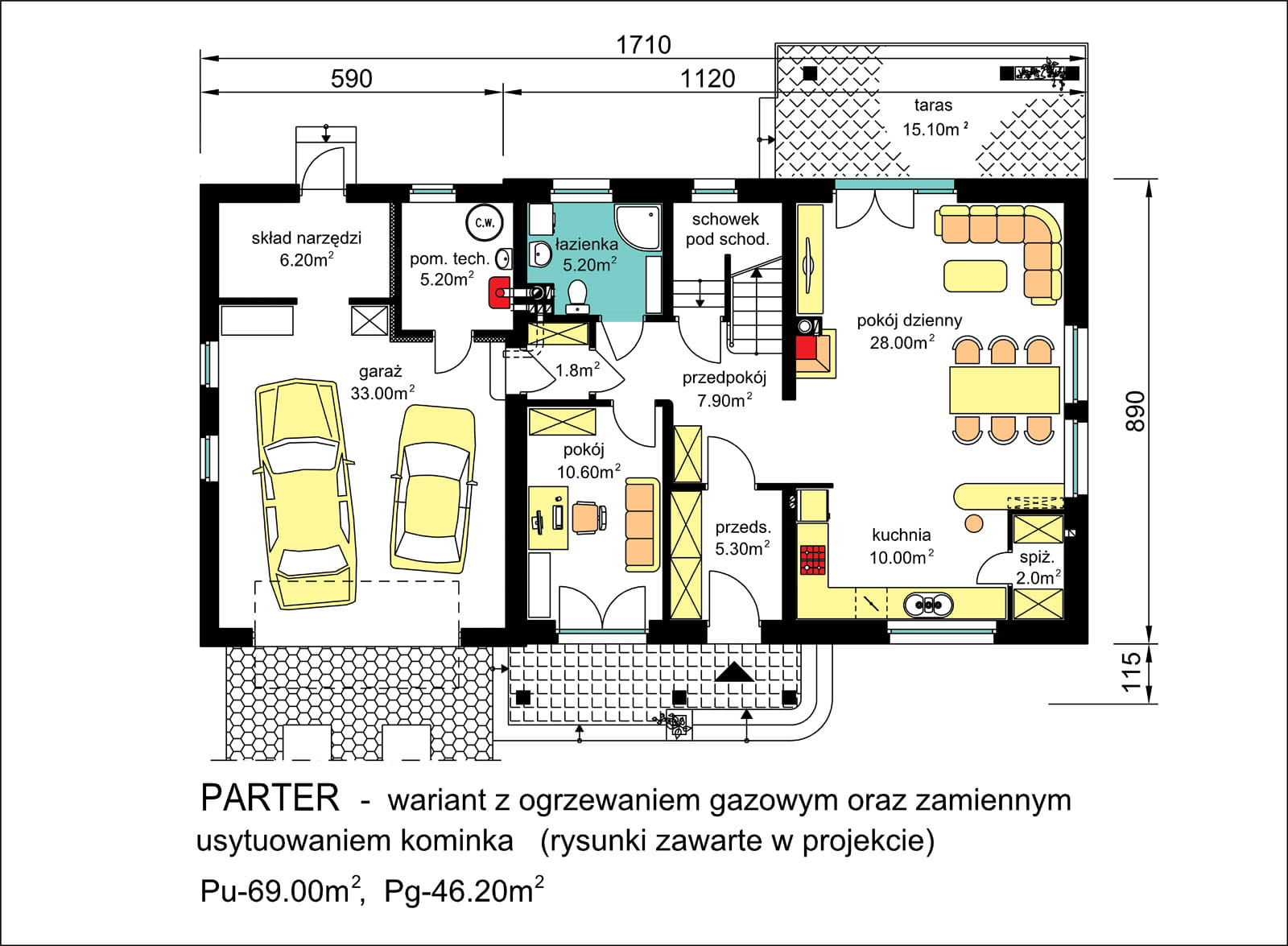 rzut parteru domu jednorodzinnego  BW-17 wariant 3 z ogrzewaniem gazowym oraz zamiennym usytuowaniem kominka