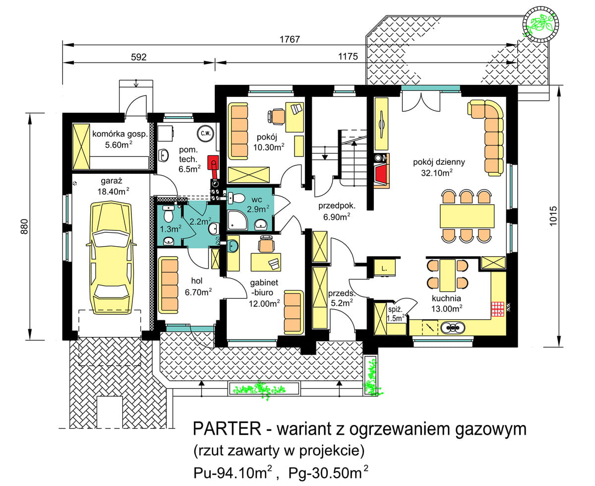 rzut parteru domu jednorodzinnego BW-37 z lokalem - wariant z ogrzewaniem gazowym