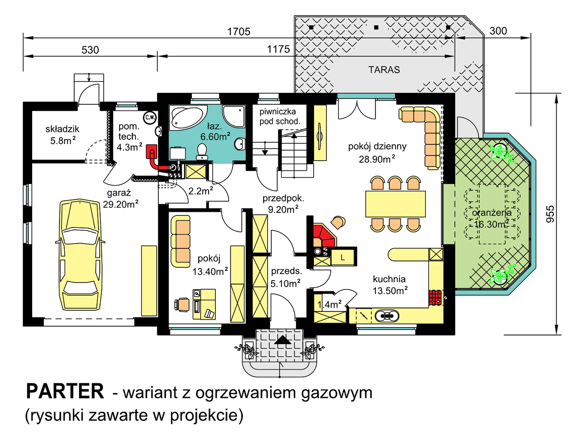 rzut parteru  domu jednorodzinnego BW-44 wariant 2 z ogrzewaniem gazowym