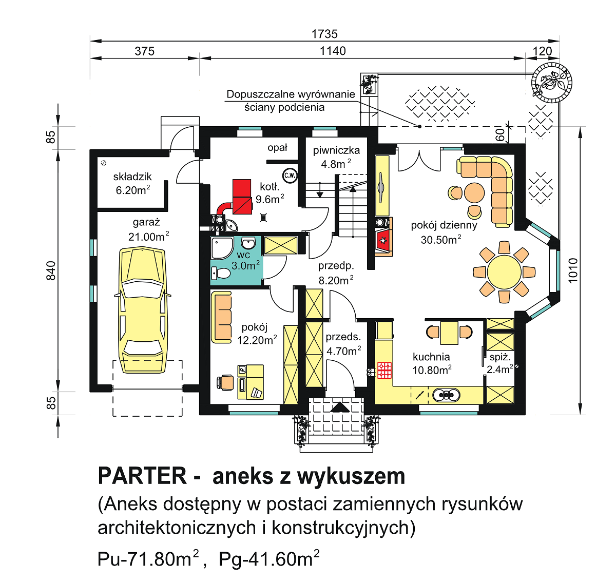 rzut parteru domu jednorodzinnego BW-46 wariant aneks z wykuszem