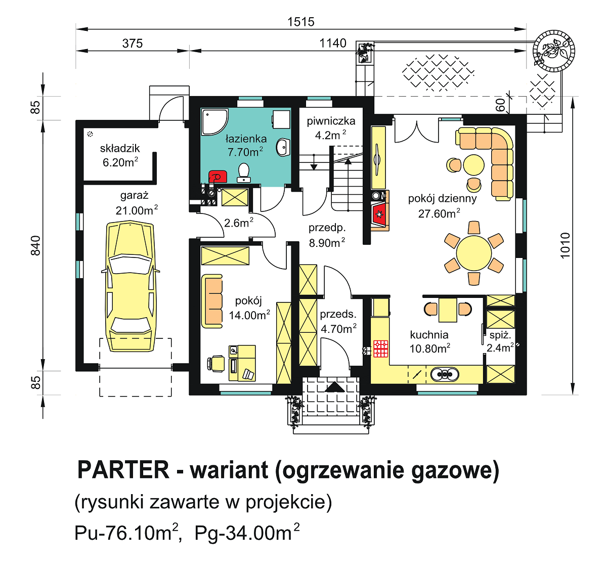 rzut parteru  domu jednorodzinnego BW-46 wariant z ogrzewaniem gazowym