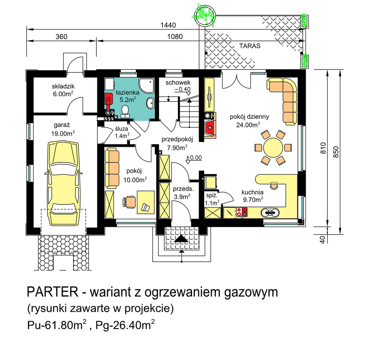 Rzut parteru domu jednorodzinnego BW-03 wariant 3 ogrzewanie gazowe