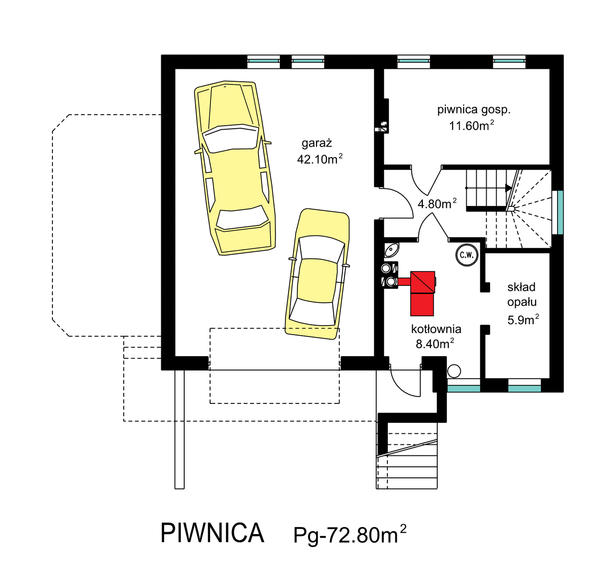 Rzut piwnicy domu jednorodzinnego BW-19 podpiwniczony