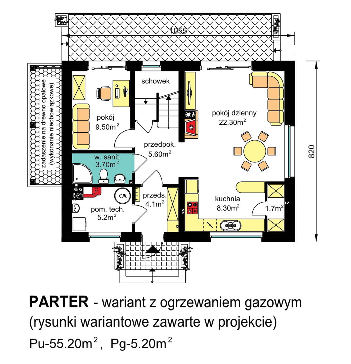 Rzut parteru domu jednorodzinnego BW-36(bez garażu) wariant ogrzewanie gazowe