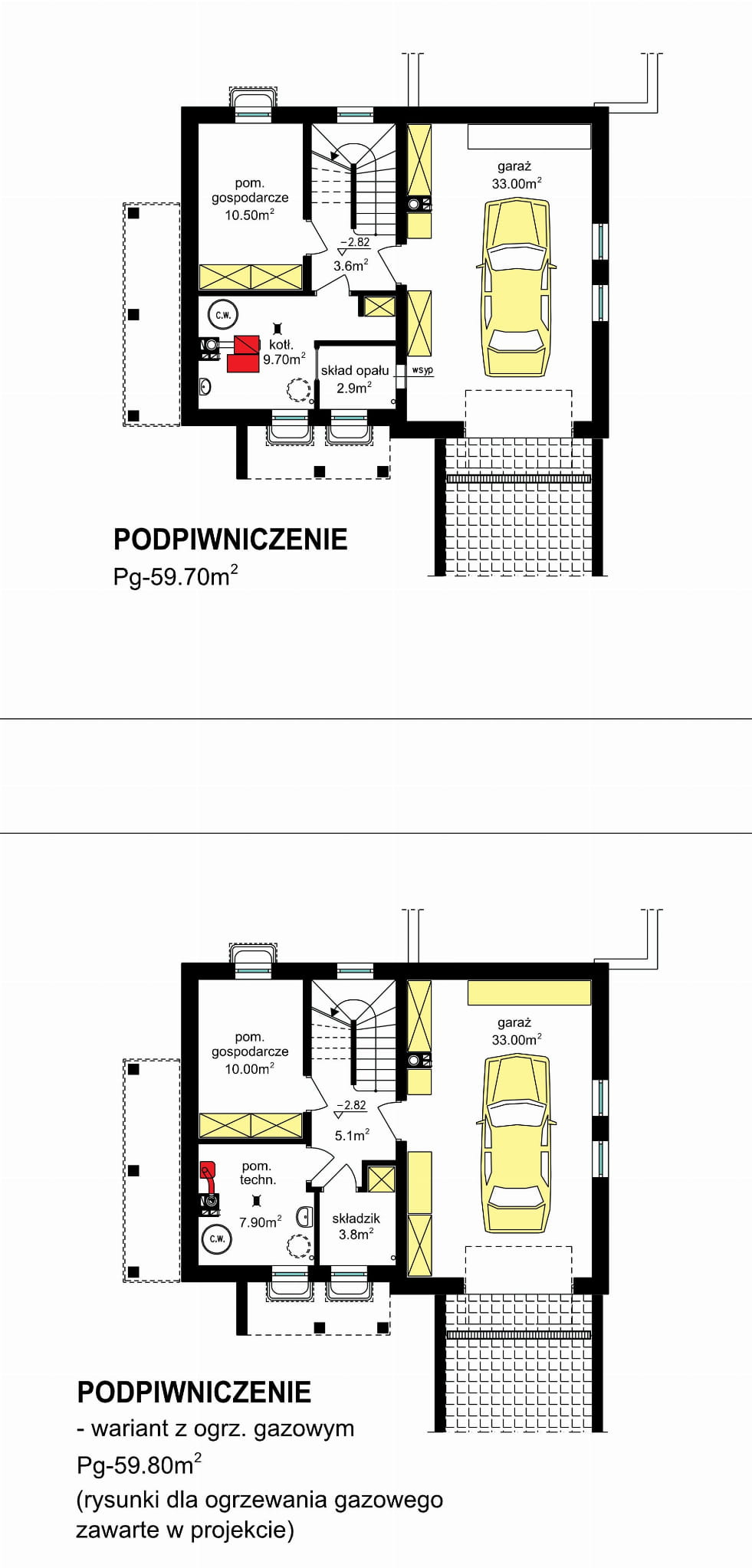 Rzuty podpiwniczenia domu jednorodzinnego BW-36 wariant 11 podpiwniczony
